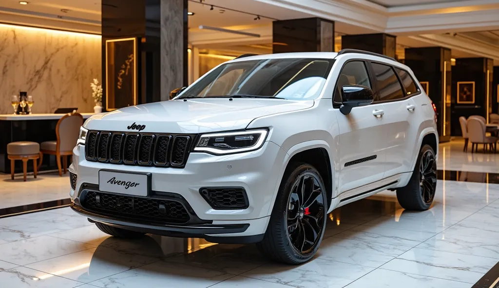 "A breathtaking, ultra-realistic 2025 Jeep Avenger parked inside an opulent, high-tech showroom. The SUV has a glossy pearl white finish with chrome and carbon fiber accents, exuding elegance and modern sophistication. The sharp, angular LED headlights emi...