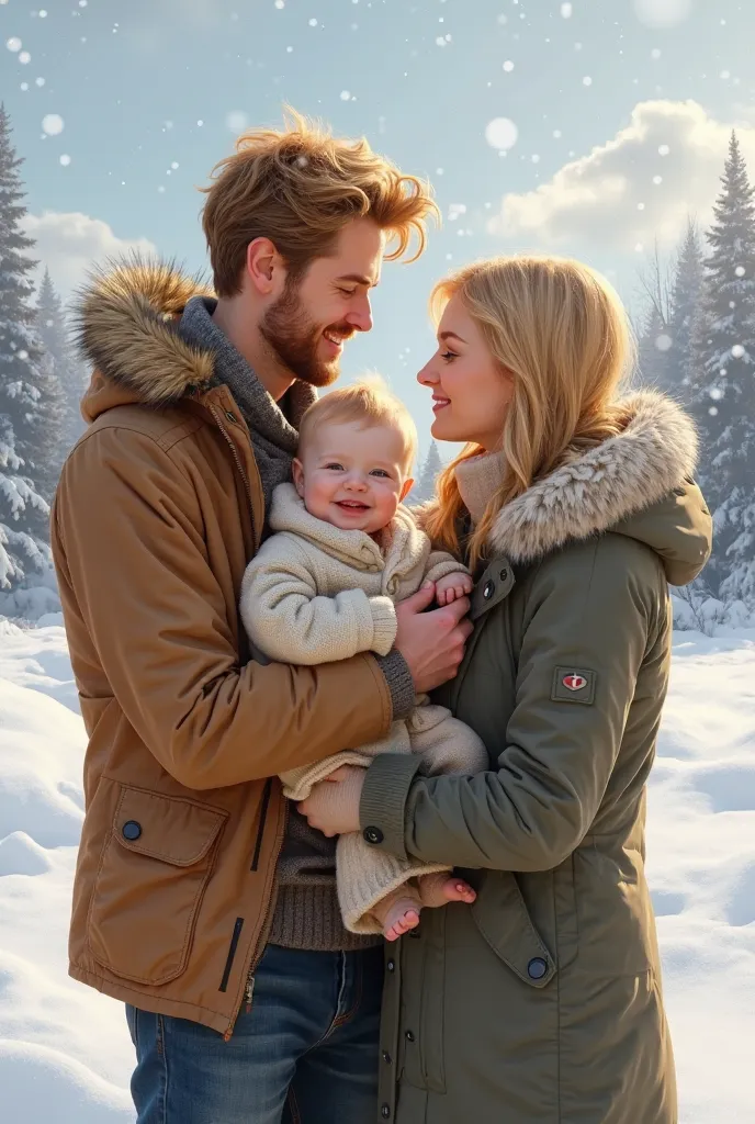 An adult couple in Chile in snow with a 10-month-old baby boy in their arms. blond man and woman
