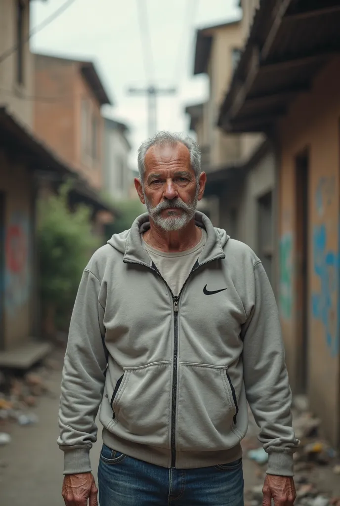 a not not old man with a mustache wears nike tech fleece in a ghetto neighborhood surrounded by buildings and graffiti and he doesn't wear a shirt, just a sweatshirt