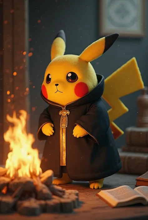 Pikachu dressed as Luther beside a fire 