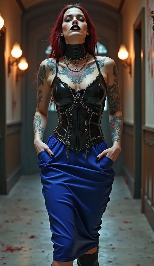 Angelina jolie in action of dancing, latex, vampire, norferatu, dracula, white latex skin, blood, dominatrix, shinny, strict, royal blue latex pencil skirt high waist extraimly narrow, heavy black latex corset neck also covering the chin, heavy black latex...