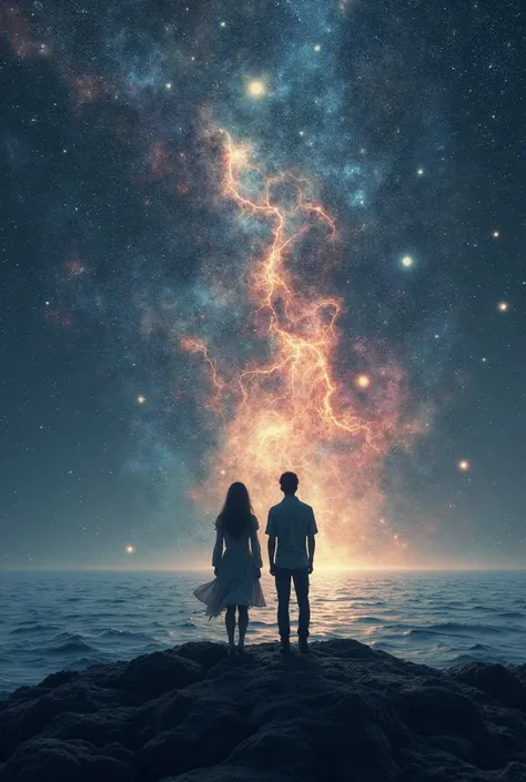 1 couple standing with their backs to the screen, standing in front of the dark cosmic coast