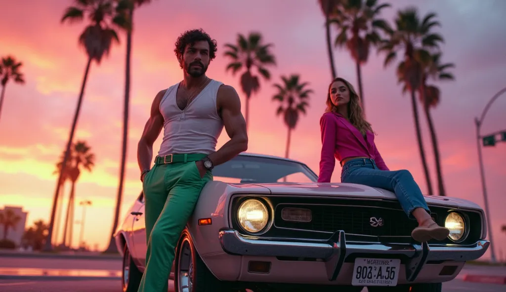 Cinematic and photorealistic closeup image of a vibrant, retro 1980s-inspired scene with a man and a woman leaning against a classic muscle car. The background features tall palm trees and a sunset sky with hues of pink, purple, and orange, evoking a tropi...