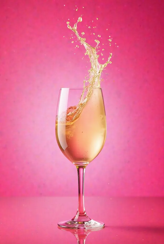 Une image d'un verre de vin blanc à droite de l'image qui jaillit du verre pour une affiche happy hours, fond rose fushia foncé