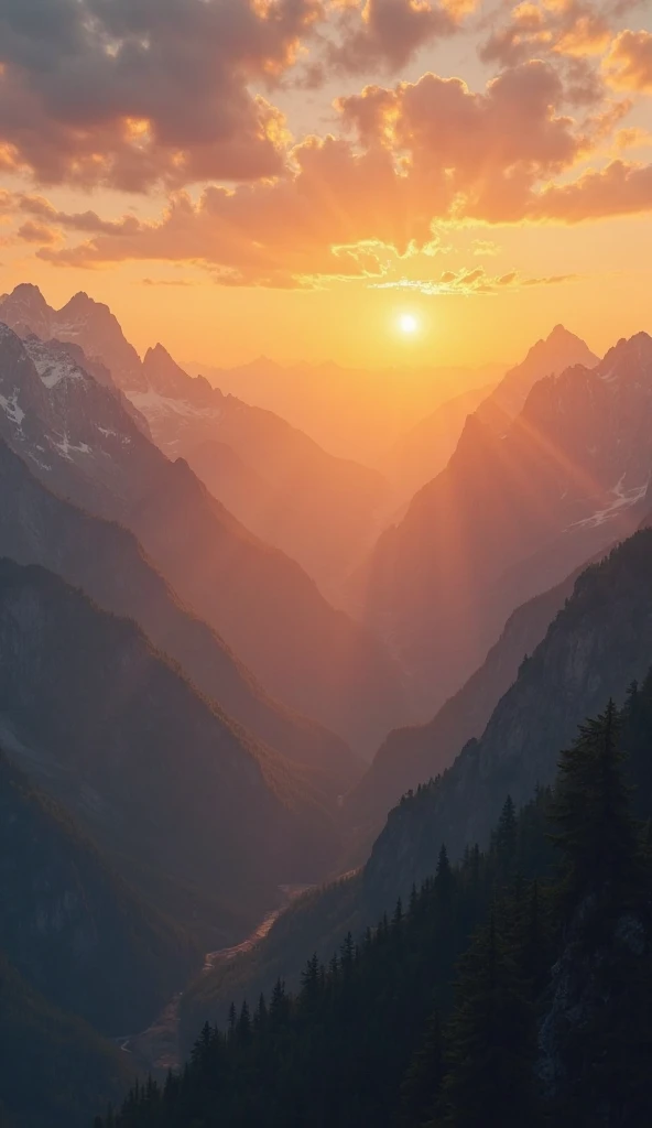 A breathtaking sunrise over a mountain range, warm golden light illuminating the misty peaks, deep valleys stretching endlessly. Shot with a 24mm wide-angle lens (f/8) for maximum depth and sharpness. Cinematic 16:9 aspect ratio."