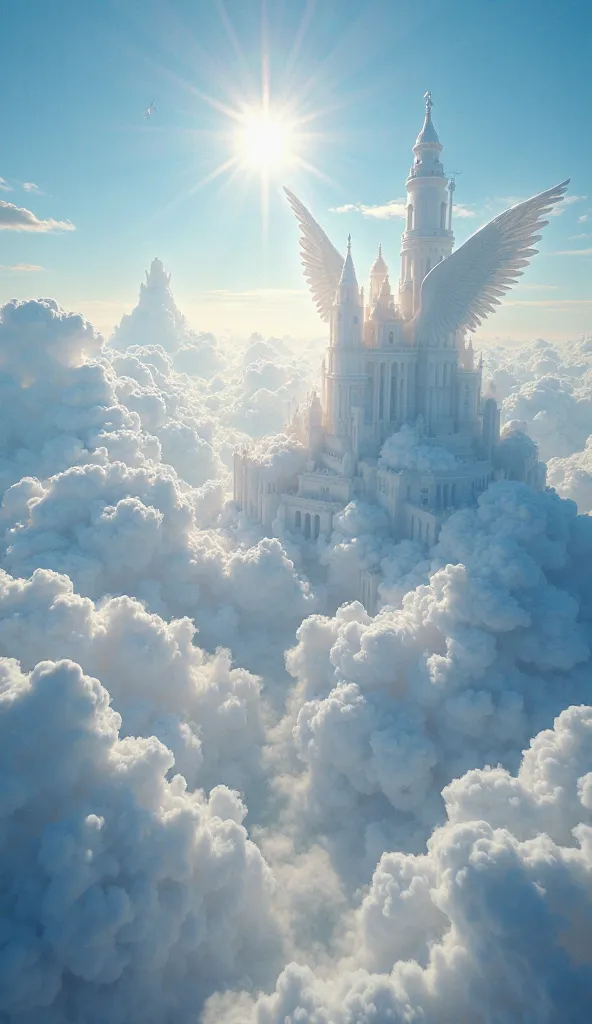 An ultra-realistic vision of the Kingdom of Heaven, captured with a Phase One XF IQ4 150MP and a Schneider Kreuznach 80mm f/2.8 lens. The scene is bathed in divine light, with an endless expanse of luminous white clouds stretching infinitely beneath a flaw...