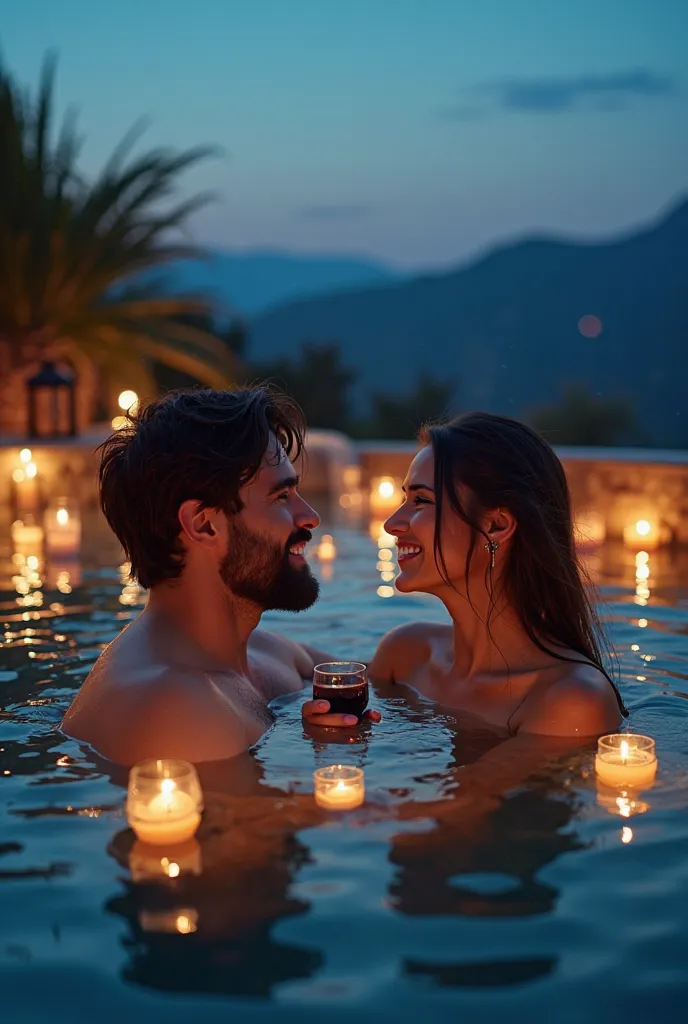 A thermal pool illuminated with warm lights and surrounded by candles, located on top of a mountain with a panoramic view of Ilaló. It's a clear night with a starry sky that reflects its light on the water. A young couple enjoys the moment, submerged in ho...