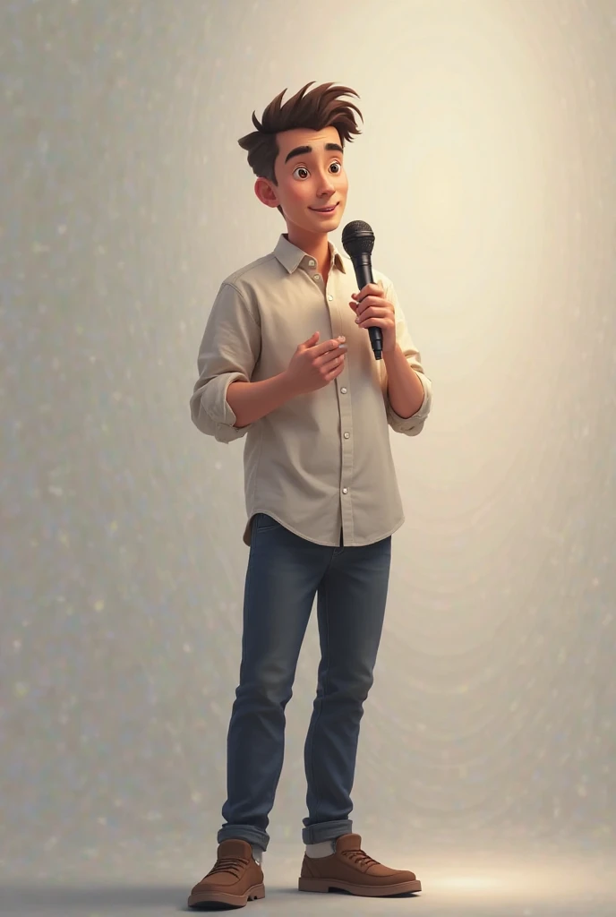 Young man looking straight ahead expressing his ideas using a microphone 