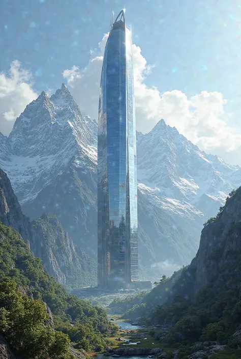 A skyscraper at the foot of a mountain