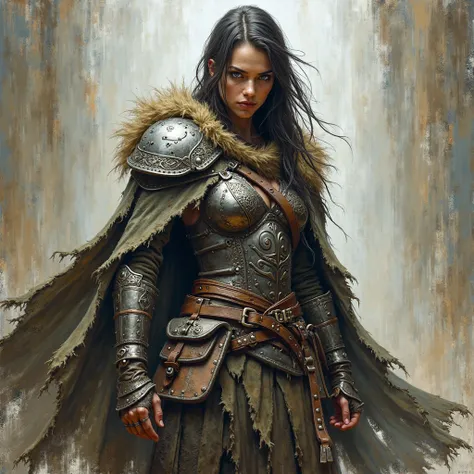 "A fierce female warrior barbarian, depicted in a dark, expressionist style. She wears battle-worn leather and metal armor with intricate engravings, her rugged outfit including a tattered cloak, a sturdy belt, and strapped pouches. Her piercing eyes and d...