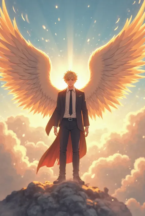 Normal blonde hair gental young handsome Man in the sky with his light wing spread, formal man cloth, hands normal. In full sky, side sun's rays, from far away,in fighting stand 
