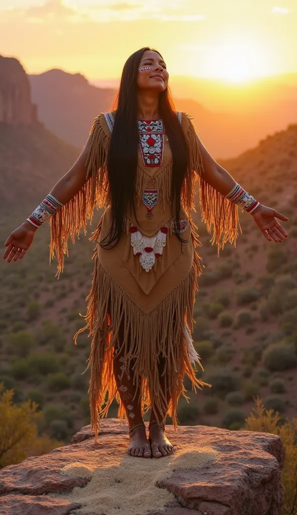 A proud Apache warrior woman standing on a rocky cliff at dawn, arms outstretched toward the rising sun. She wears a fringed buckskin dress adorned with intricate beadwork and eagle feathers, her long, dark hair flowing in the breeze. She sprinkles cornmea...