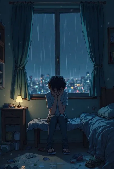 A sad anime-style illustration with a lonely boy character sitting on a dimly lit bench at night, crying. Her face is buried in her hands,  with tears streaming down his cheeks . The only light comes from a small bedside table lamp or the faint glow of the...