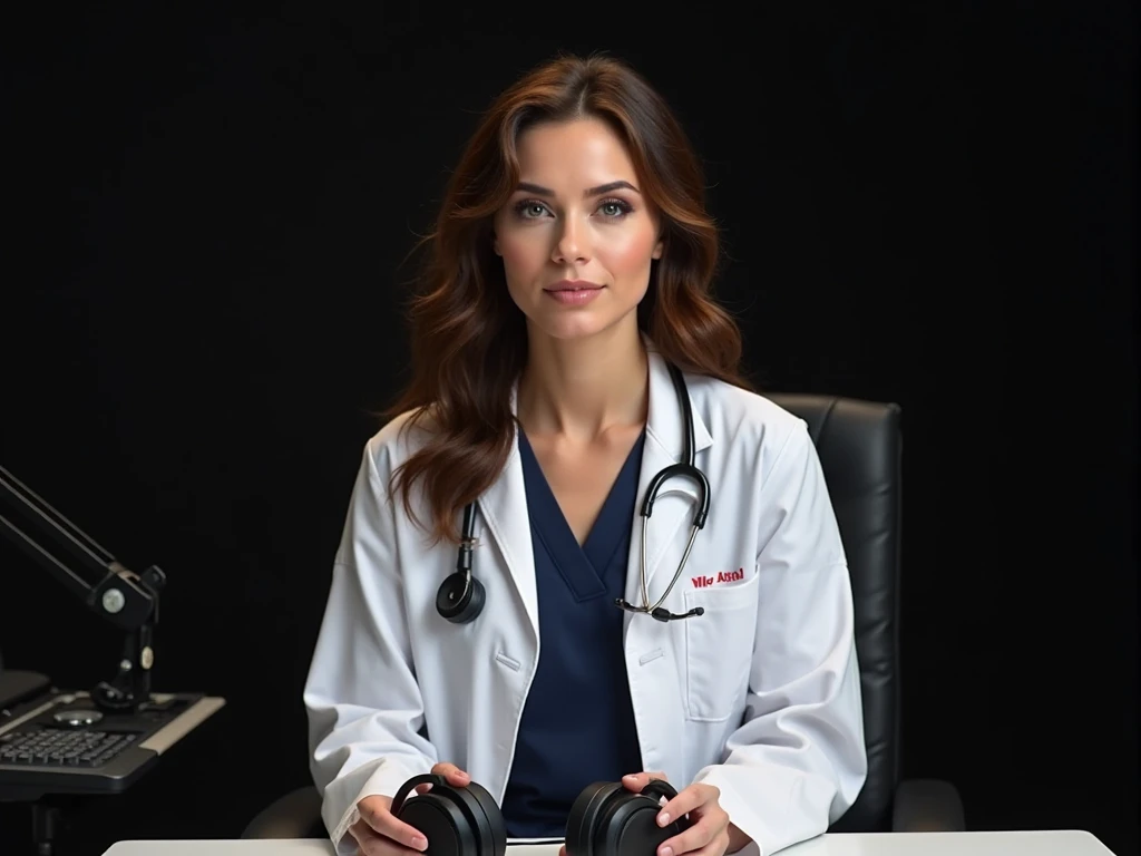 Portrait of a female doctor with a serious, confident expression, wearing a white coat and stethoscope, seated in a modern podcast studio. She is dressed in professional navy-blue attire with wavy brown hair. The setting includes a sleek table with a high-...