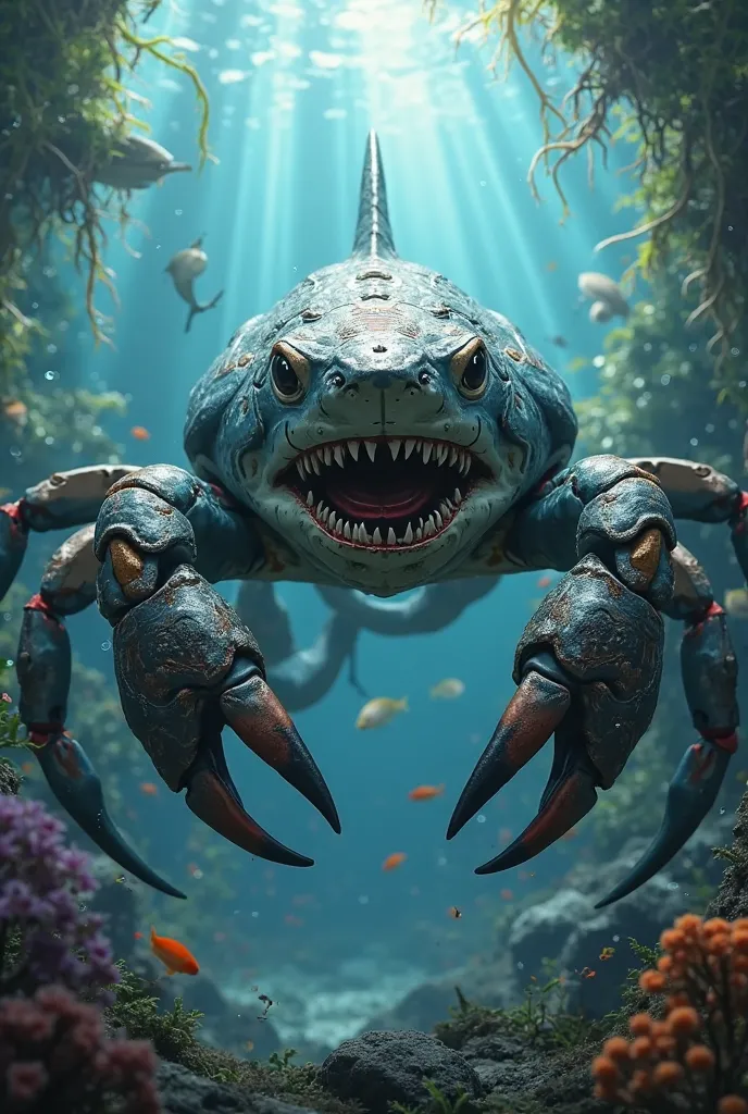 Create an image of a creature that is half shark and half crab 