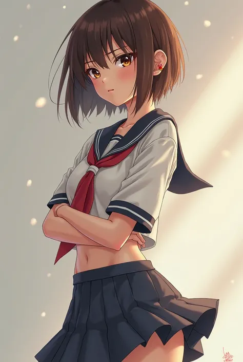 Japanese girl with brown eyes short hair big breasts and wearing school uniform with short skirt 