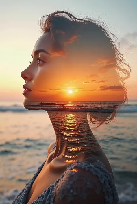 High quality lines,  8K Ultra HD, Uma bela double exposure que combina uma silhueta de deusa com a costa ao pôr do sol, position the coast at sunset should serve as a backdrop,  with its details embedded in the goddess,  sharp lines, The background is mono...