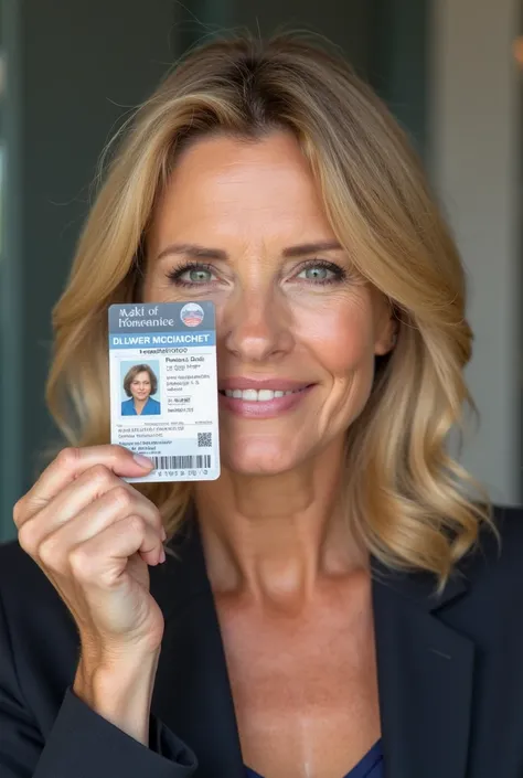 A lawyer holding her usa id card beside his face about 35 year old, gold hair color with her name Pamela Jo Bondi on Id card 