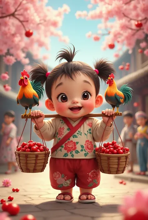 "Create a highly detailed, ultra-realistic digital painting of a chubby, joyful baby with cute pigtails, dressed in traditional Asian-style clothing with floral and rooster motifs. The baby is happily carrying a wooden yoke balanced on their shoulders, wit...