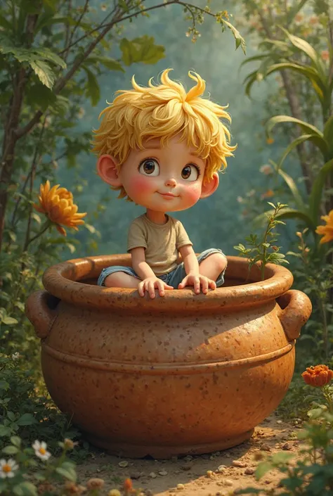 Blond boy sitting in a pot