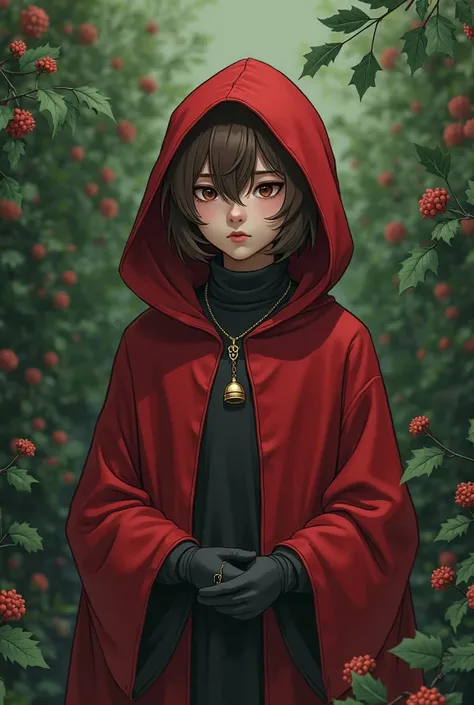 semi-anime boy 11years old, with brown hair and wearing red riding hoode robe with the hood down, wearing red gloves and a bell necklace. A green plant background, some few tiny red flowers,mistletoe, sketchy, dream aesthetic, natural light, dramatic, blea...