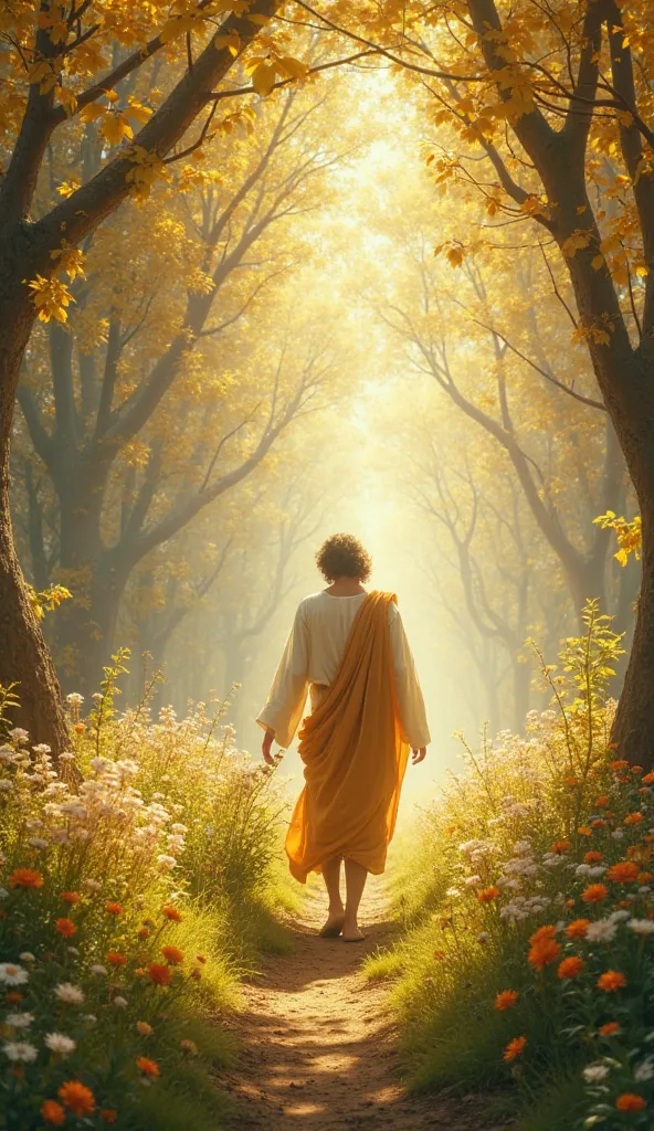 Amidst a vast celestial garden where golden vines weave through the air and flowers bloom in radiant hues unseen by mortal eyes, Jesus Christ walks along a path of soft, glowing grass. His presence brings life to everything around him, as trees of sacred k...