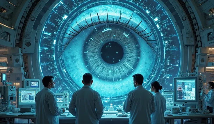 Many doctors are analyzing and researching the very large eye in the center using hologram technology, a realistic image from a bright DSLR camera.