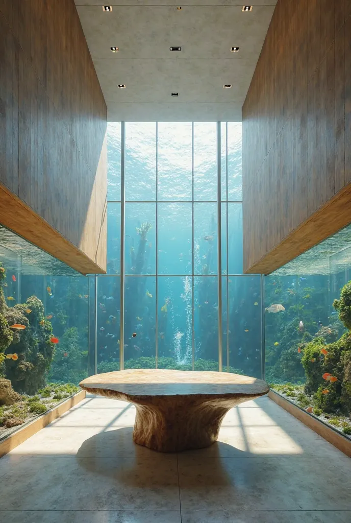 Create a room with a huge free-form table and one aquarium facing each other at the end of the walls