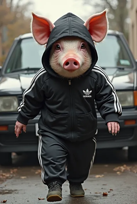 Thief pig in black Adidas sports uniform in front of the car 