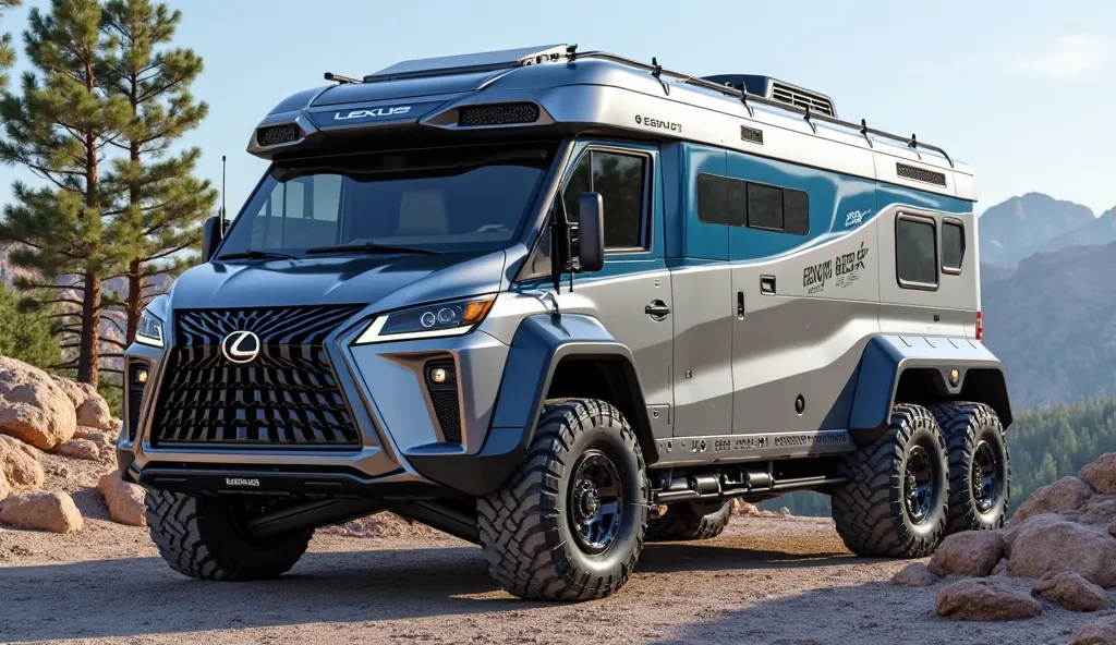 Full front side views
"Stunningly realistic 3D render showcasing the full front views of a 2025 lexus lx600 motorhome camper  truck designed for off-road adventures. The motorhome features massive all-terrain tires with black alloy wheels and reinforced me...