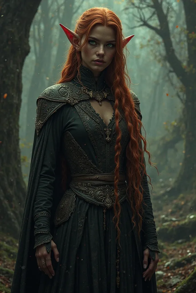 I want a dark-brown black-skinned elf, green eyes, hair with reddish braids