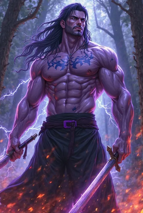 A muscular man with purple skin, has 2 short sword with thunder,has a big tattoo of number 7 in his stomach, long hair, blue eyes, has the power of thunder in the screen, in a fire forest, draw style like bleach