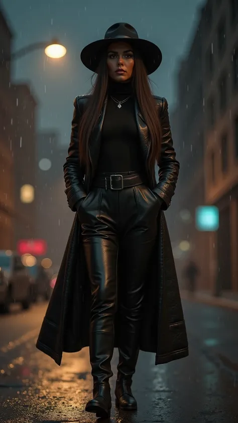 A tense and watchful Tenille Dashwood with very long straight brunette hair and a petite yet defined hourglass figure wearing a black wide-brimmed hat dressed in a black turtleneck under a very long black ankle-length vintage cowhide leather duster coat, b...