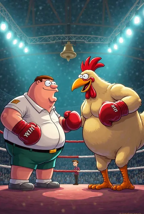 Create a picture of Peter Griffin fighting with the giant chicken in a boxing match, With very thin ren acting as spectators