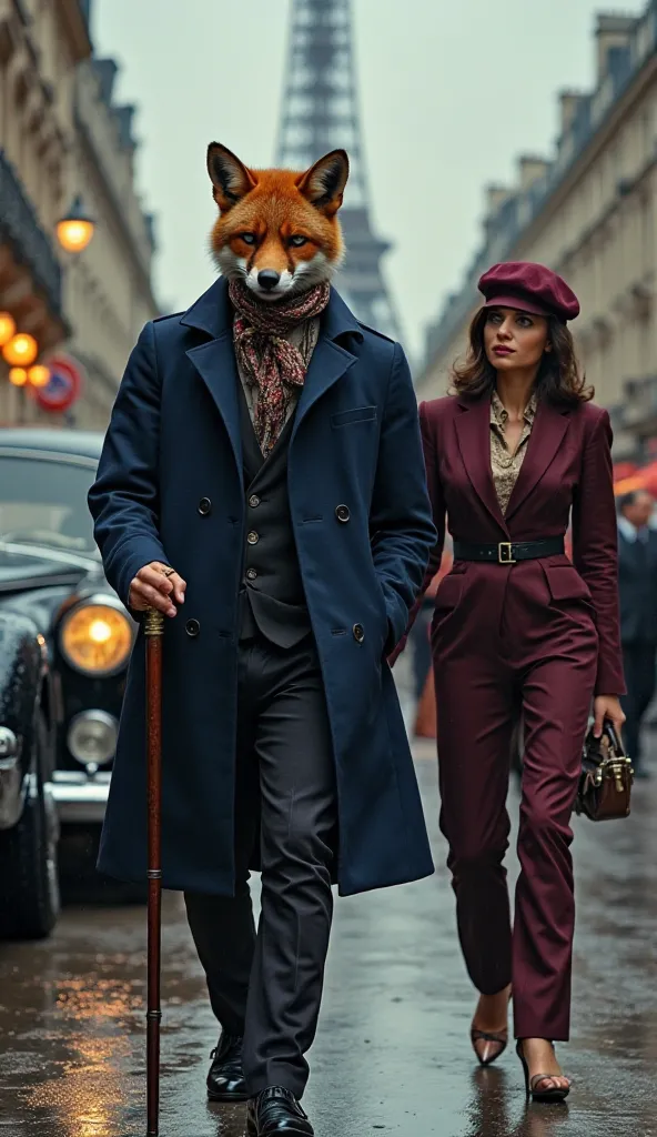 A cunning fox-headed French mafia leader in a navy blue trench coat, silk scarf, and a vintage cane, standing on a rainy Parisian street. A stylish woman in a deep burgundy and gold suit with a fashionable beret walks beside him, looking mysterious. The Ei...