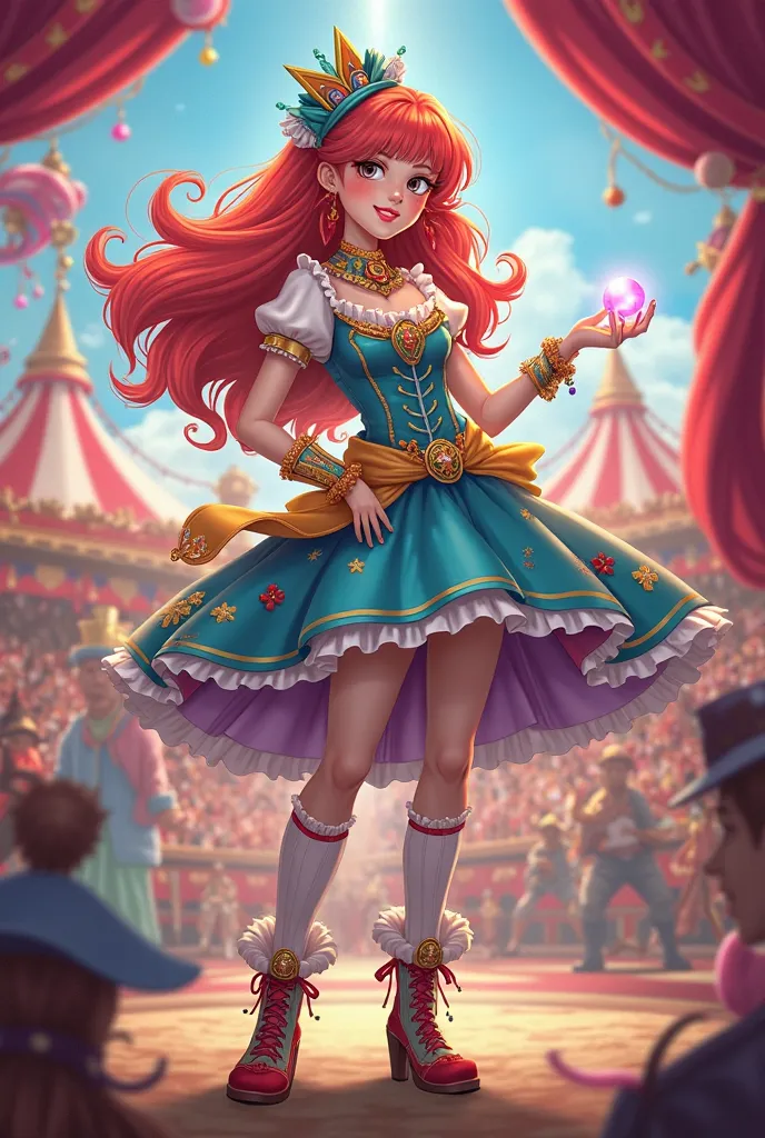 draw a 2d girl magician in circus clothes as a character profile full body art 