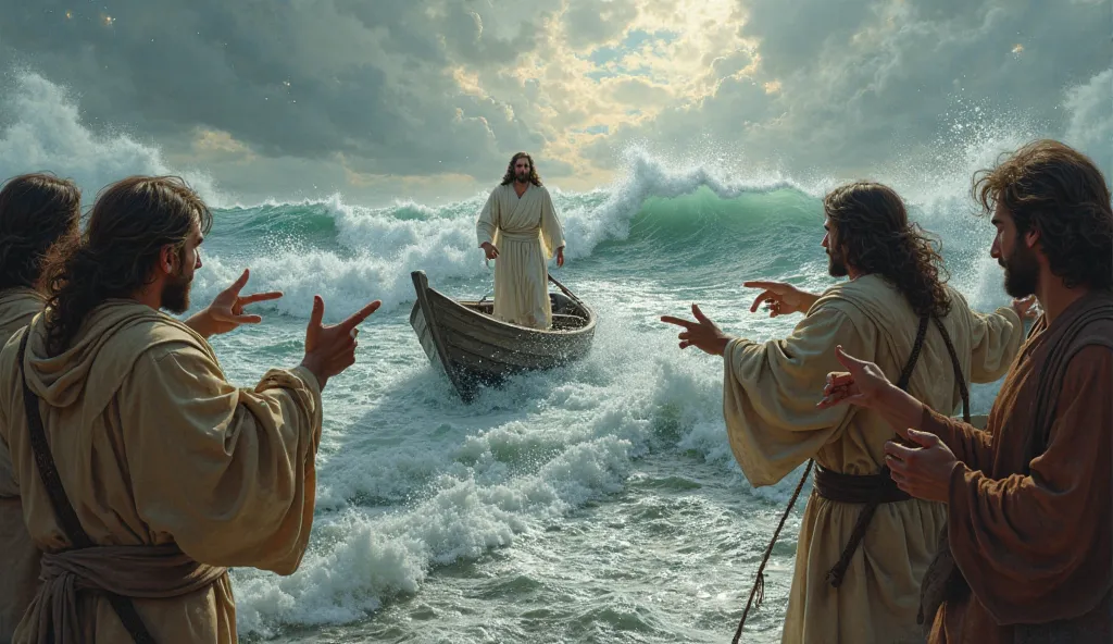 creates a very realistic Image of 9:16 of the frightened disciples pointing to Jesus on the waves.