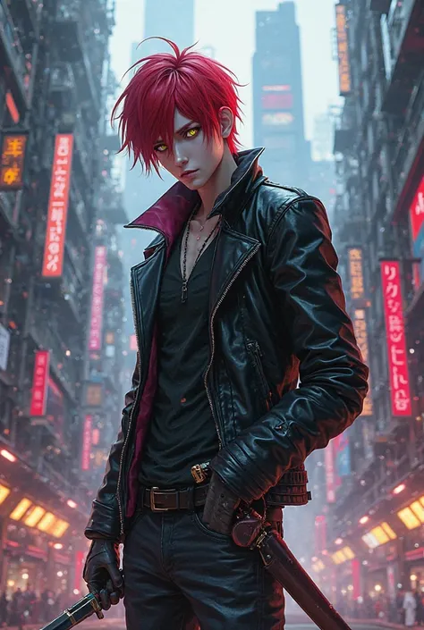 Cyberpunk. Anime style. A man with red hair, yellow eyes, a black jacket and a sword.