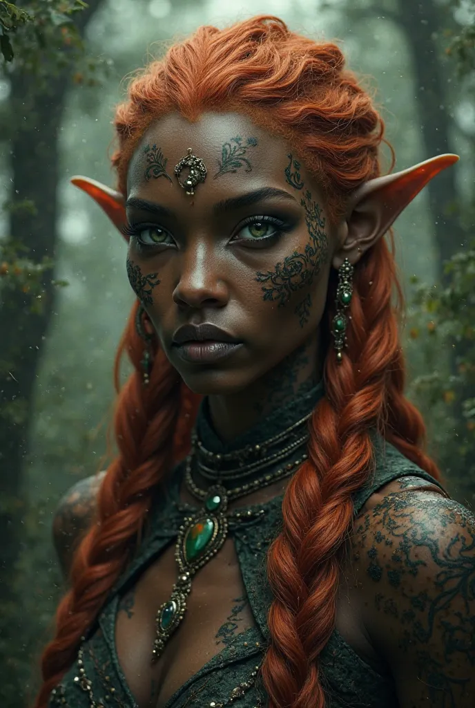 I want a dark-brown black-skinned elf, green eyes reddish hair with braids