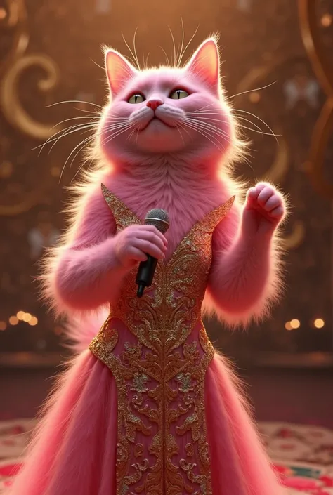 Photo realism A beautiful very bright pink cat in a stylish golden light with a glowing long tight dress sings at a very high price 