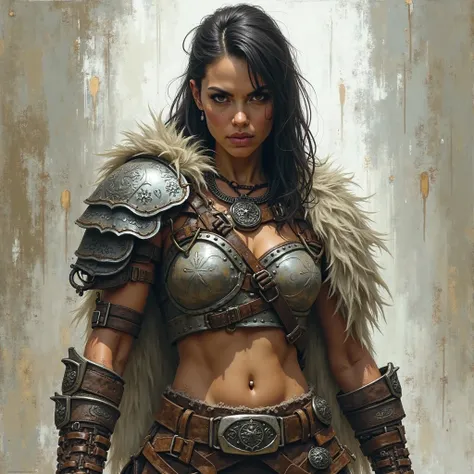 "A fierce female warrior barbarian, with side part haircut,depicted in a dark, expressionist style. She wears battle-worn leather and metal armor with intricate engravings, her rugged outfit including a tattered cloak, a sturdy belt, and strapped pouches. ...