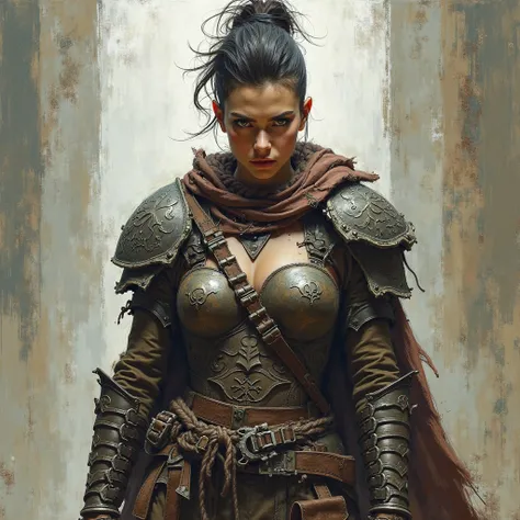 "A fierce female warrior barbarian, with spike haircut,depicted in a dark, expressionist style. She wears battle-worn leather and metal armor with intricate engravings, her rugged outfit including a tattered cloak, a sturdy belt, and strapped pouches. Her ...