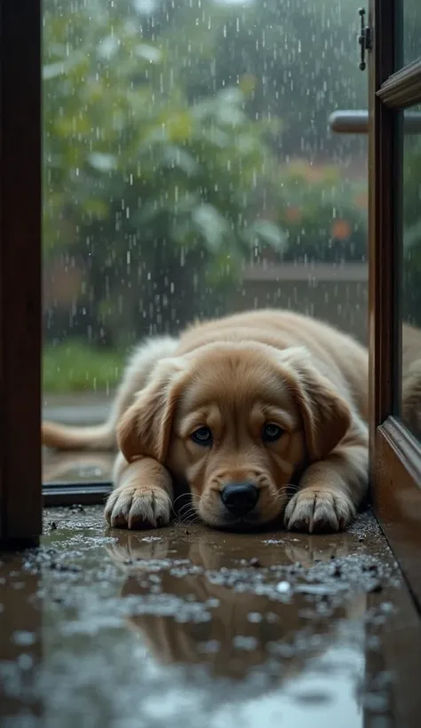 The scene centers on a golden retriever puppy, lying flat by a large glass door, its chin resting on its paws. The puppy has a classic "puppy dog eyes" expression, exuding a sense of longing. Its body language reflects dejection, with its ears flat against...