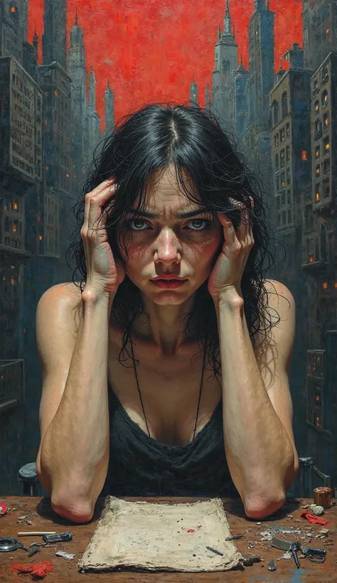 A gaunt woman in her late twenties with hollowed cheeks, deep shadows under her weary eyes, and tousled dark hair sits at a cluttered wooden table, her hands clutching her temples. The background is a chaotic swirl of distorted city buildings, their sharp ...