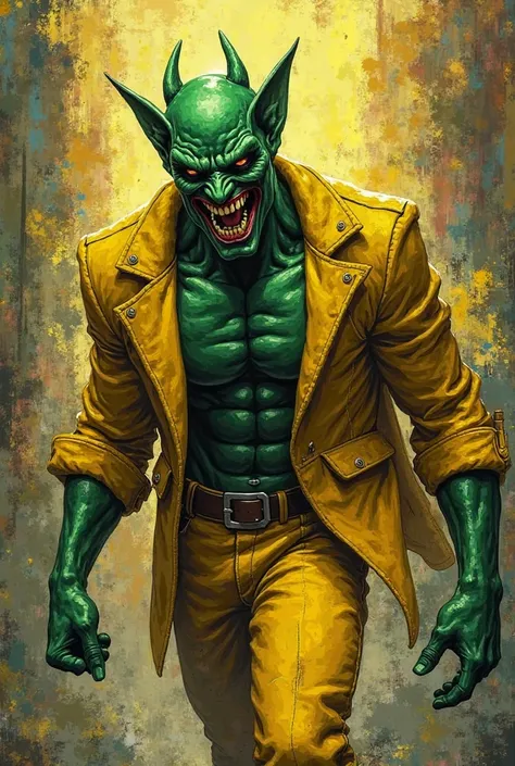 The character from Máscara saying someone hold me doing that powerful turn of him like the Tasmanian devil but he's green with rays and when he stops he opens his yellow suit and with the graffiti style it is written rhythm of the tobacco shops