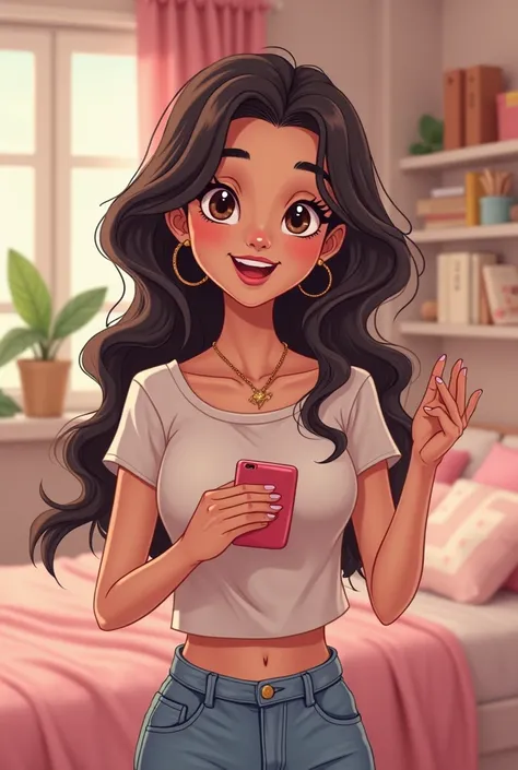 cartoon of a feminine woman with dark hair, inspired by Disney, she is happy shopping online and with cute and feminine details. With details that make her understand that she is shopping. The atmosphere of a Pinterest style bedroom.