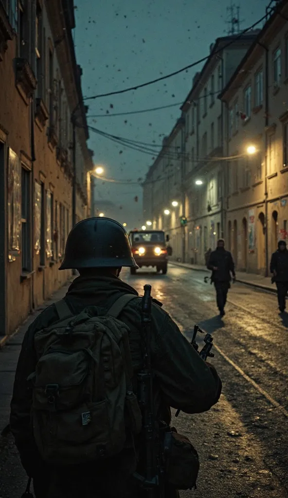 "First-person view of an army soldier in 1970, holding a rifle while patrolling a dark street. Opposition posters torn on walls, few people are in a hurry avoiding eye contact. A military jeep passes slowly past."