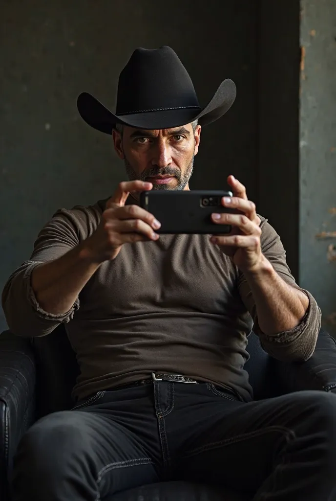 Charles Dera , 40 years, short social gray hair, clean skin,  Dark eyes,  shaved.  wearing black jeans ,  cowboy hat , sitting on a black chair in a room.   taking a selfie 