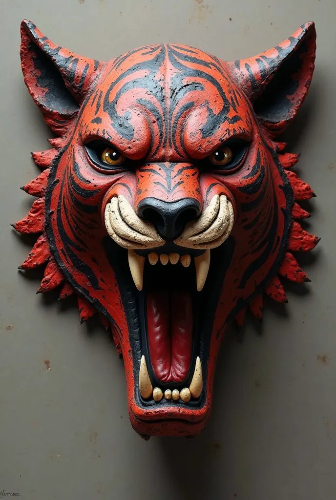 Create a Congo devil mask inspired by a tiger with large teeth and a fierce look in red and black