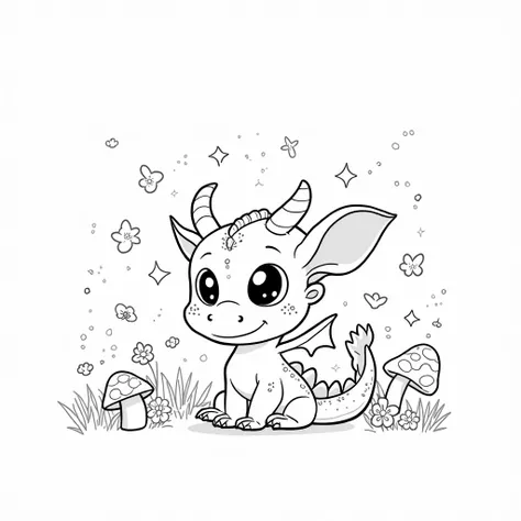 "Create a black-and-white outlined coloring page of a cute baby dragon sitting in a magical meadow. The dragon should have big round eyes, tiny wings, and a playful expression. Surround it with mushrooms, flowers, and floating sparkles for a whimsical effe...